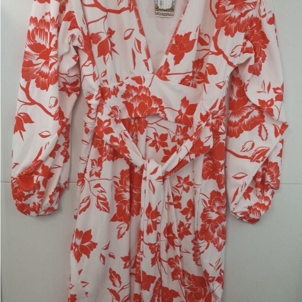 Boohoo Plus Floral Wrap Midi Dress - Red and White